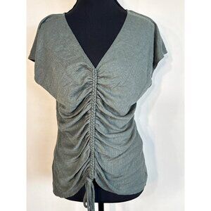 Max Studio Womens Ruched V-Neck Top green Textured Short Sleeve Adjustable Tie W